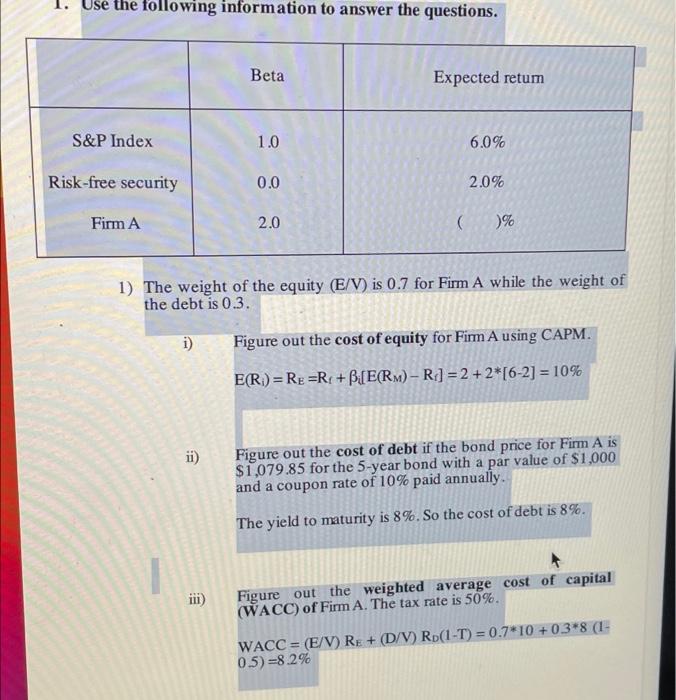 Use The Following Information To Answer The Questions Beta Expected Retum S P Index 1 0 6 0 Risk Free Security 0 0 2 0 1