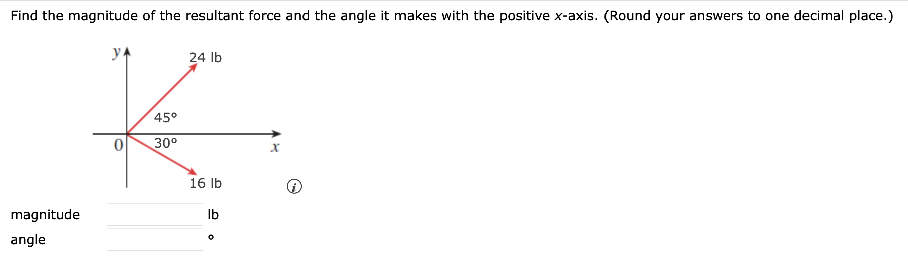 Find The Magnitude Of The Resultant Force And The Angle It Makes With The Positive X Axis Round Your Answers To One De 1
