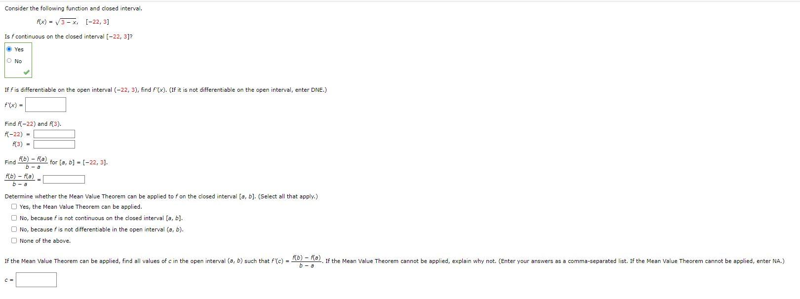 Consider The Following Function And Closed Interval F X 3x 22 3 Is F Continuous On The Closed Interval 22 3 1