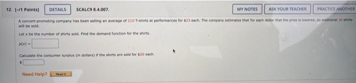 My Notes 12 1 Points Details Scalc9 8 4 007 Ask Your Teacher Practice Another A Concert Promoting Company Has Been 1