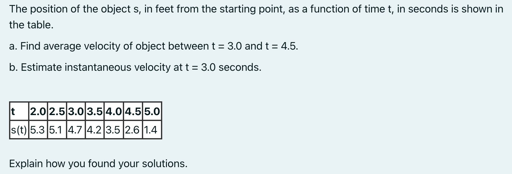 The Position Of The Object S In Feet From The Starting Point As A Function Of Time T In Seconds Is Shown In The Table 1