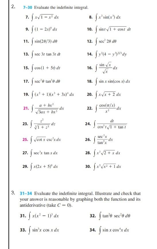 2 7 30 Evaluate The Indefinite Integral Fx 1 X Dx 9 F 1 2x Dx 11 F Sin 20 3 De 13 F Sec 3t Tan 31 Dt 15 F C 1