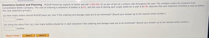 Inventory Control And Planning Mcduff Preserves Expects To Bottle And Sell 2 300 000 32 Or Jars Of Jam At A Uniform Rate 1