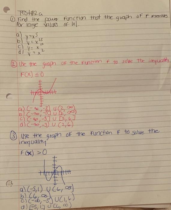 Test 2 A 1 Find The Power Function That The Graph Of Ff Resembles For Large Values Of Ix1 Y X5 25 V X 10 B C Di Y X 1