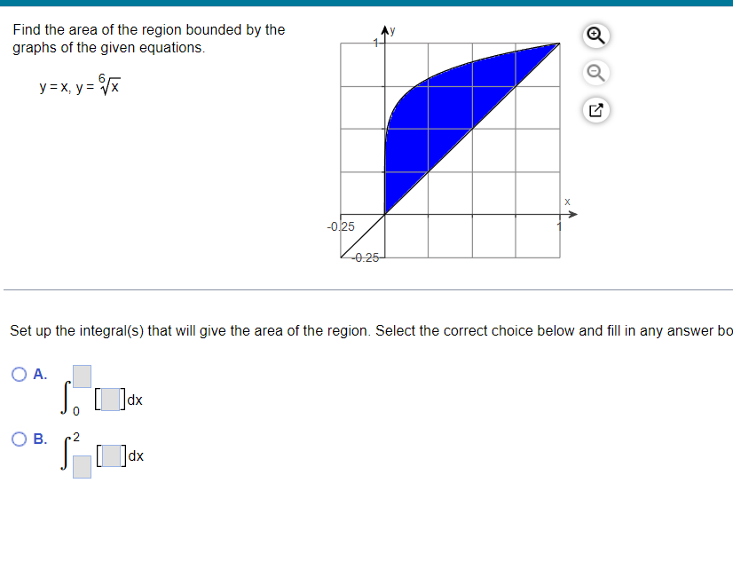 Find The Area Of The Region Bounded By The Graphs Of The Given Equations Y X Y X O A O B 2 Dx 0 25 Set Up The 1