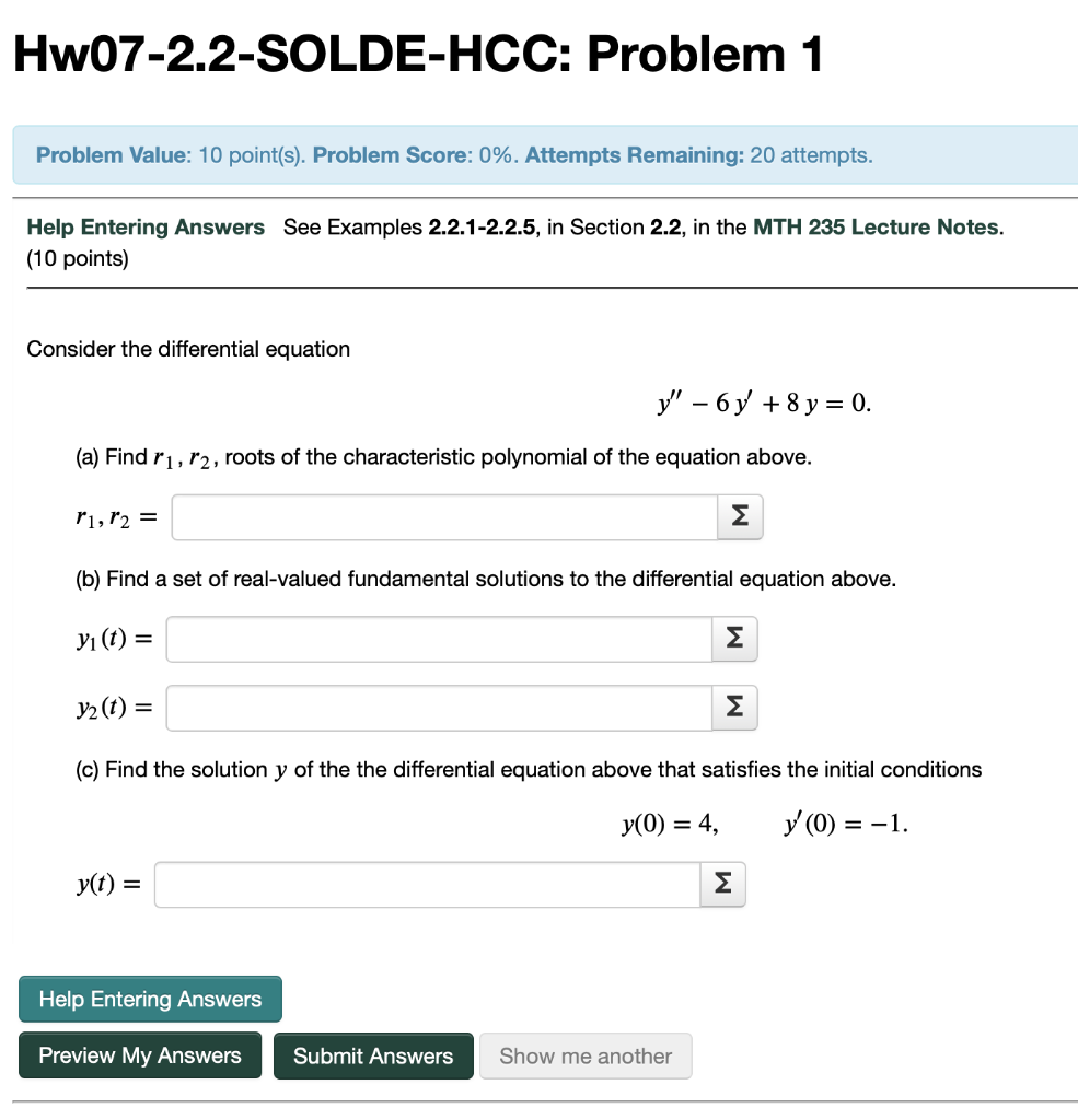 Hw07 2 2 Solde Hcc Problem 1 Problem Value 10 Point S Problem Score 0 Attempts Remaining 20 Attempts Help Enter 1