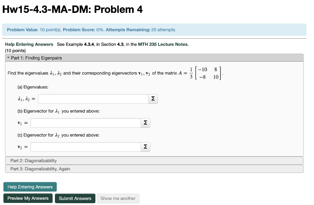Hw15 4 3 Ma Dm Problem 4 Problem Value 10 Point S Problem Score 0 Attempts Remaining 20 Attempts Help Entering 1