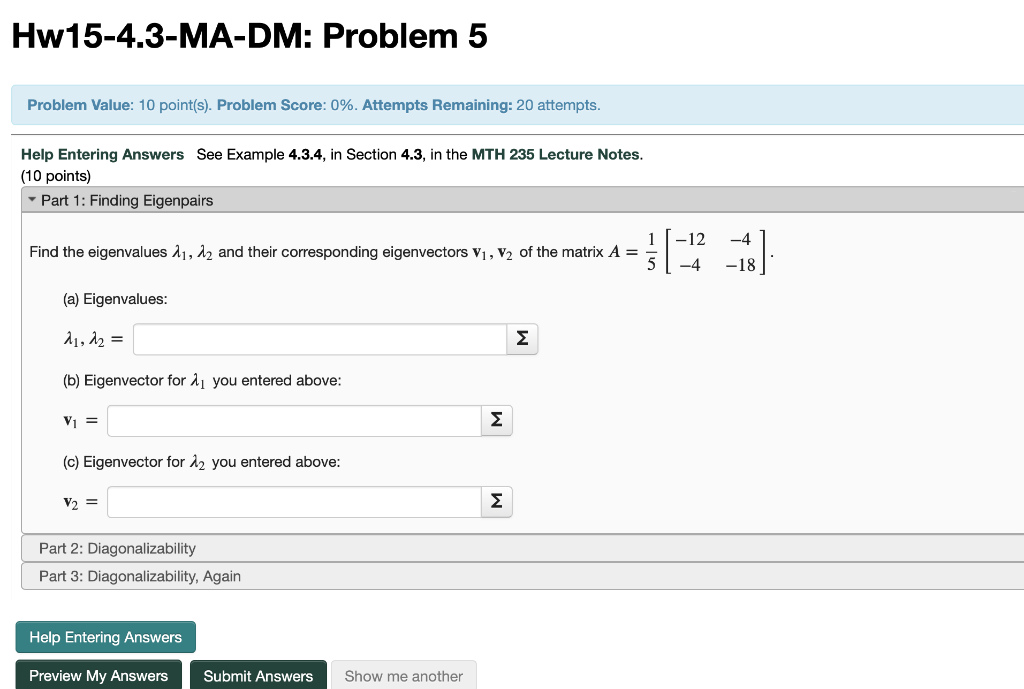 Hw15 4 3 Ma Dm Problem 5 Problem Value 10 Point S Problem Score 0 Attempts Remaining 20 Attempts Help Entering 1