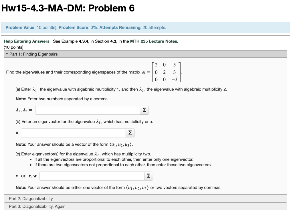 Hw15 4 3 Ma Dm Problem 6 Problem Value 10 Point S Problem Score 0 Attempts Remaining 20 Attempts Help Entering 1