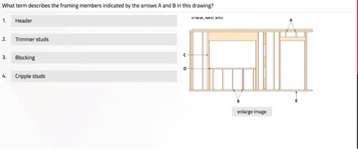 What Term Describes The Framing Members Indicated By The Arrows A And B In This Drawing 1 Header 2 Trimmer Studs 3 B 1