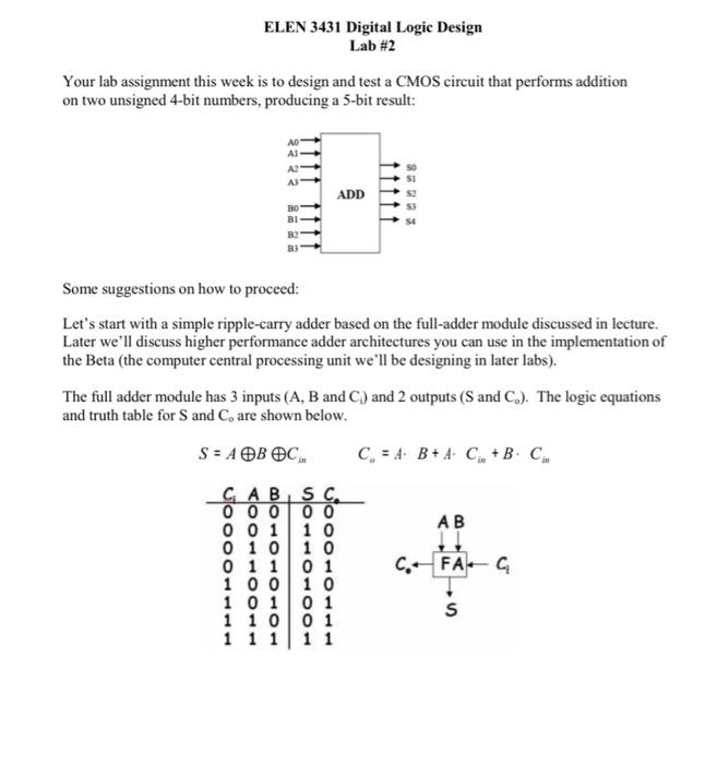 Elen 3431 Digital Logic Design Lab 2 Your Lab Assignment This Week Is To Design And Test A Cmos Circuit That Performs A 1
