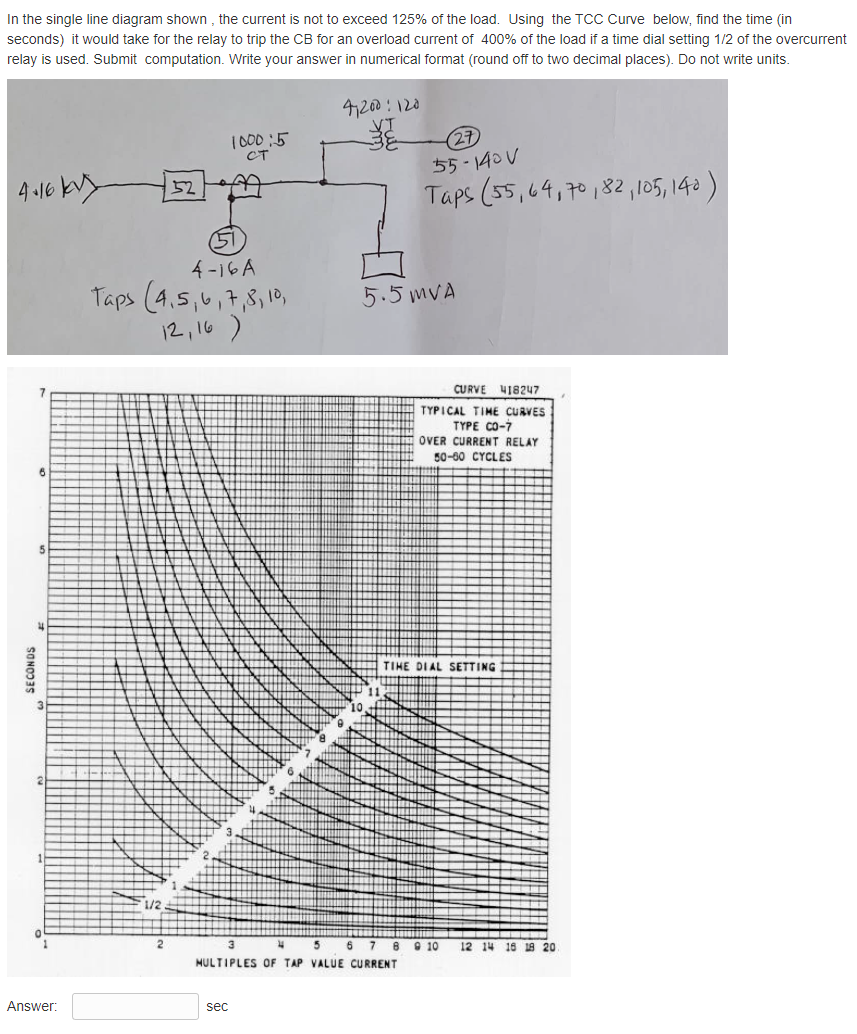 In The Single Line Diagram Shown The Current Is Not To Exceed 125 Of The Load Using The Tcc Curve Below Find The Tim 1