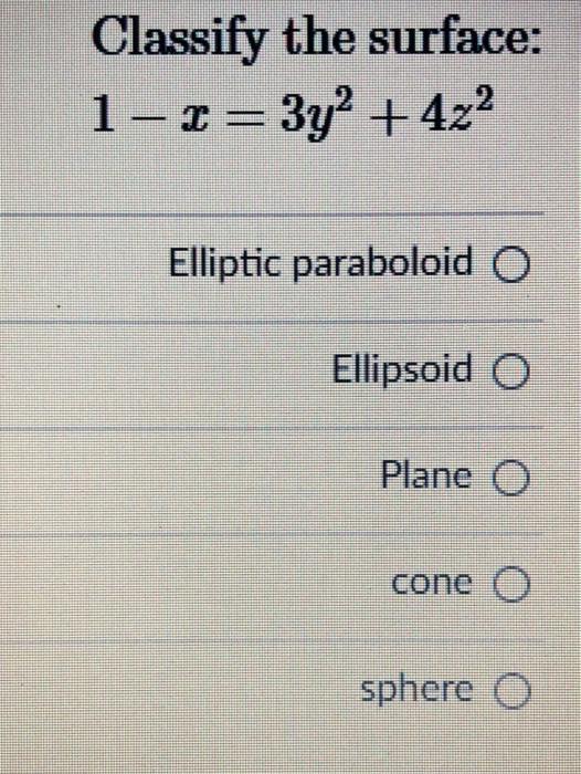 Classify The Surface 1 I 3y2 4z2 Elliptic Paraboloid O Ellipsoid O Plane 0 Cone O Sphere O 1