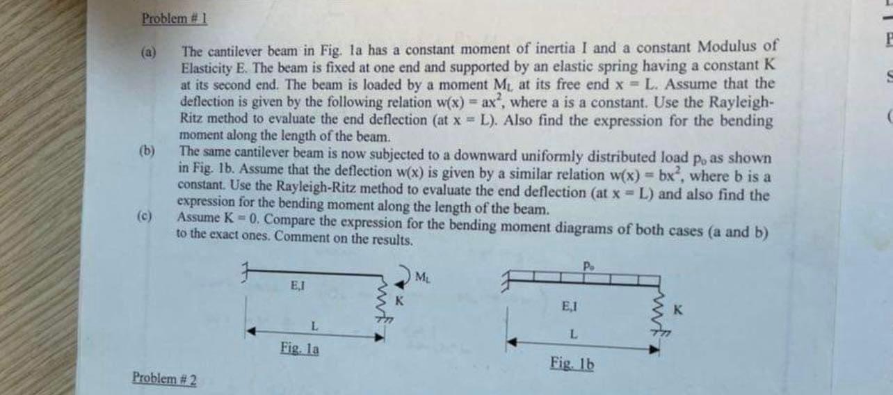 P Problem 1 The Cantilever Beam In Fig La Has A Constant Moment Of Inertia I And A Constant Modulus Of Elasticity E T 1