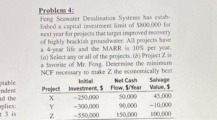 Problem 4 Feng Seawater Desalination Systems Has Estab Lished A Capital Investment Limit Of 800 000 For Next Year For 1