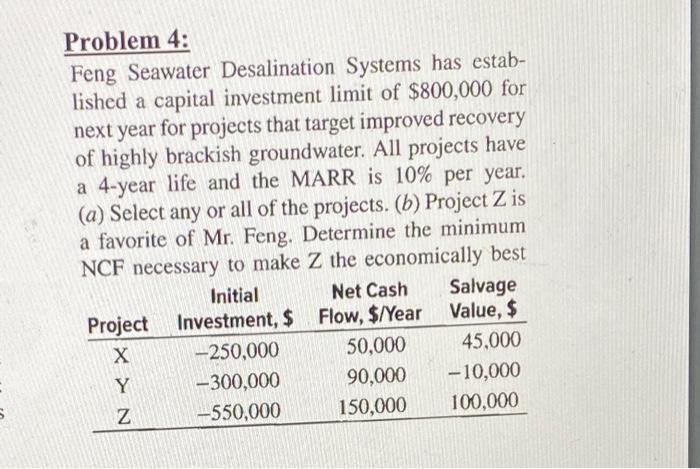 Problem 4 Feng Seawater Desalination Systems Has Estab Lished A Capital Investment Limit Of 800 000 For Next Year For 1