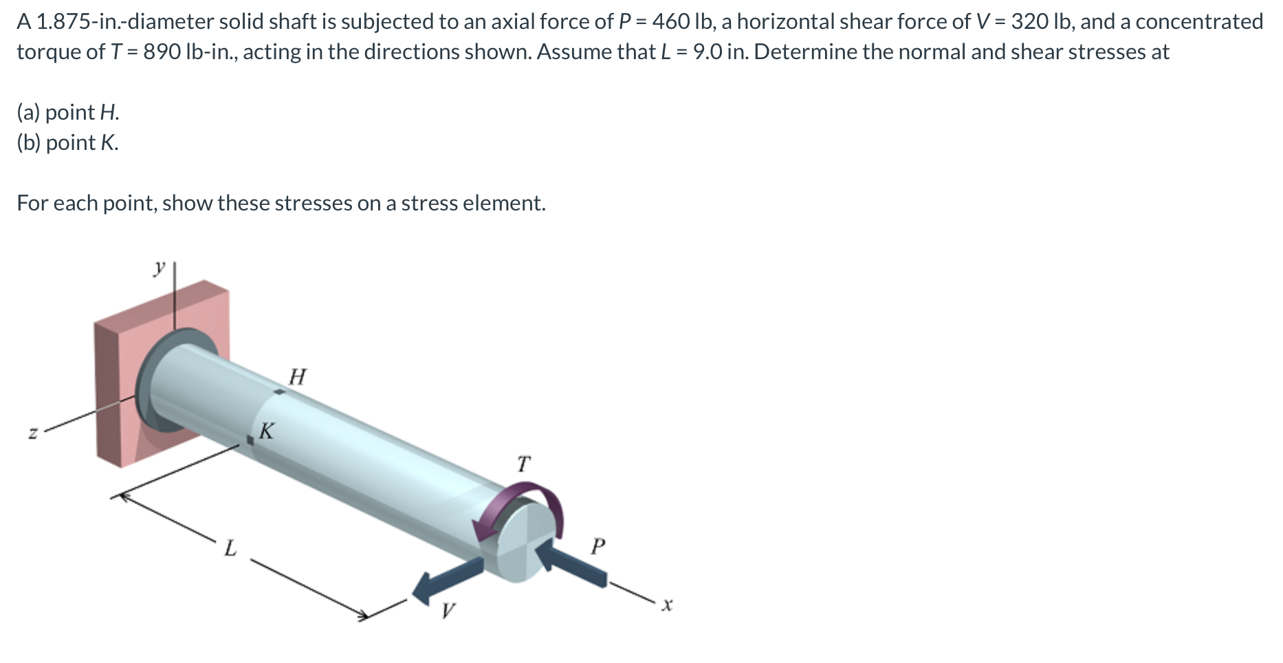 A 1 875 In Diameter Solid Shaft Is Subjected To An Axial Force Of P 460 Lb A Horizontal Shear Force Of V 320 Lb A 1