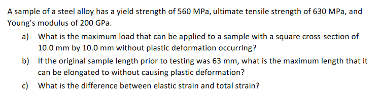 A Sample Of A Steel Alloy Has A Yield Strength Of 560 Mpa Ultimate Tensile Strength Of 630 Mpa And Young S Modulus Of 1
