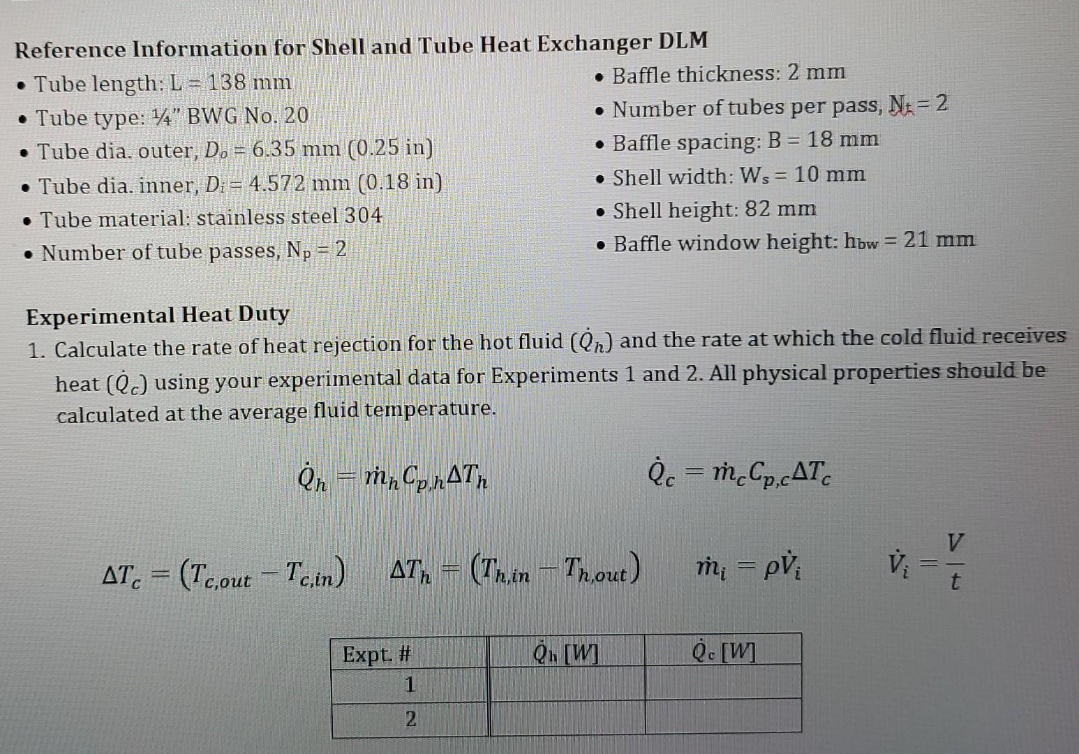 Table 1 Experimental Data Tube Side Hot Shell Side Cold Tout C V Ml Tin C Tout C V Ml 72 1 650 6ml 25 2