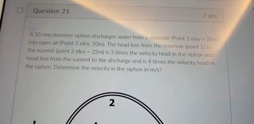 Question 21 7 Pts A 50 Mm Diameter Siphon Discharges Water From A Reservoir Point 1 Elev 20m Into Open Air Point 3 1