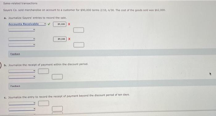 Sales Related Transactions Sayers Co Sold Merchandise On Account To A Customer For 90 000 Terms 2 10 1 30 The Cost Of 1