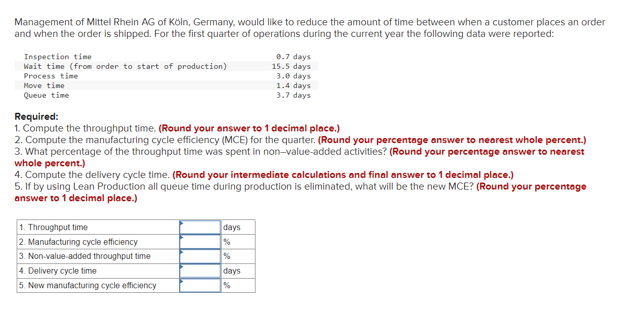 Management Of Mittel Rhein Ag Of Koln Germany Would Like To Reduce The Amount Of Time Between When A Customer Places A 1