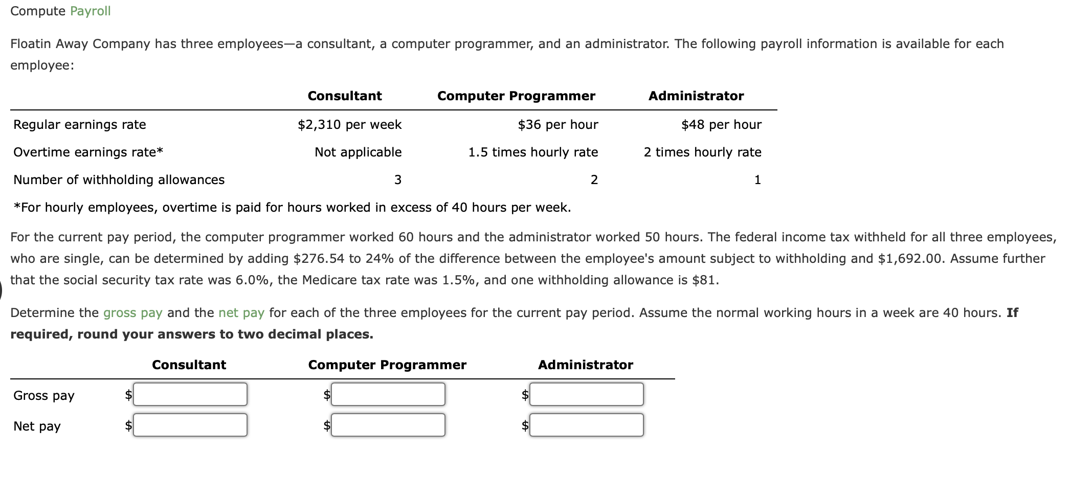 Compute Payroll Floatin Away Company Has Three Employees A Consultant A Computer Programmer And An Administrator The 1
