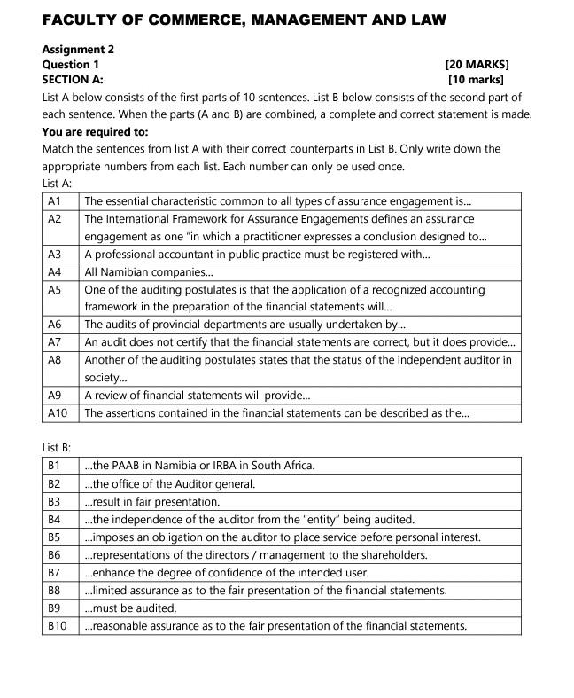 A1 Faculty Of Commerce Management And Law Assignment 2 Question 1 20 Marksi Section A 10 Marks List A Below Consist 1