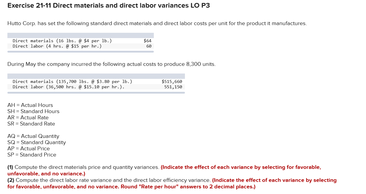 Exercise 21 11 Direct Materials And Direct Labor Variances Lo P3 Hutto Corp Has Set The Following Standard Direct Mater 1