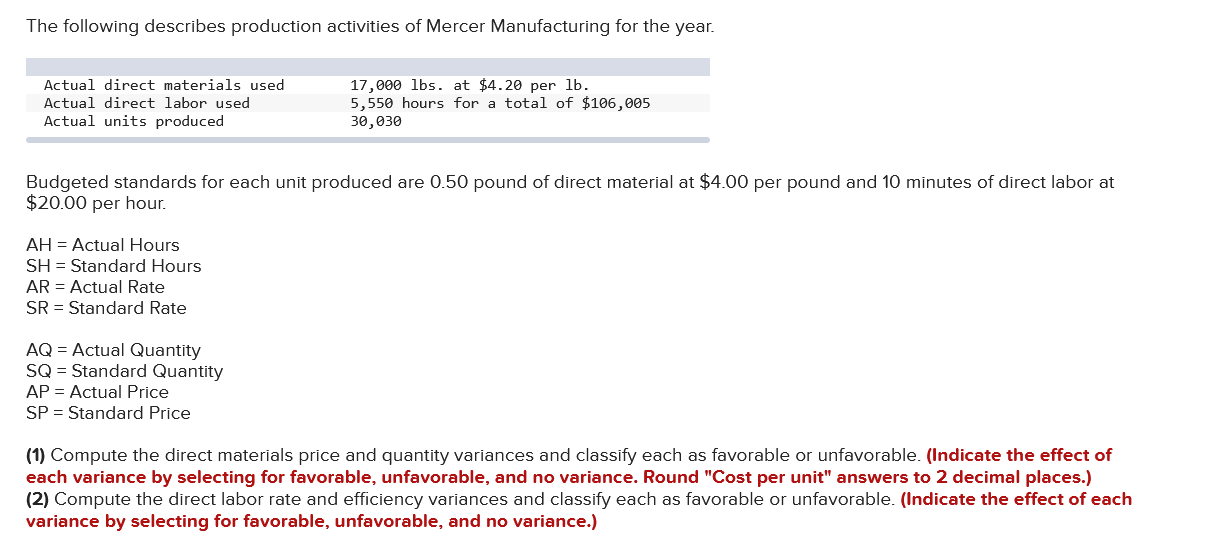 The Following Describes Production Activities Of Mercer Manufacturing For The Year Actual Direct Materials Used Actual 1