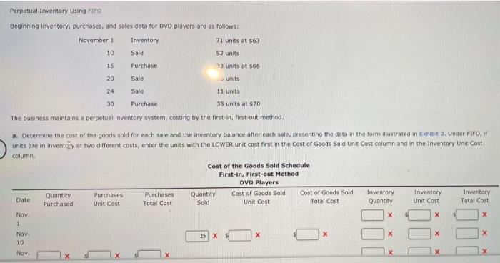 Perpetual Inventory Using Fifo Beginning Inventory Purchases And Sales Data For Dvd Players Are As Follows November 1 1