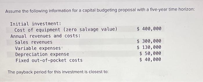 Assume The Following Information For A Capital Budgeting Proposal With A Five Year Time Horizon 400 000 Initial Inves 1