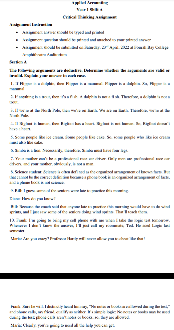 Applied Accounting Year 1 Shift A Critical Thinking Assignment Assignment Instruction Assignment Answer Should Be Type 1
