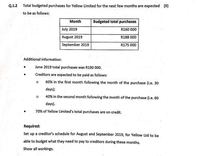 Q 1 2 Total Budgeted Purchases For Yellow Limited For The Next Few Months Are Expected 9 To Be As Follows Month Budge 1