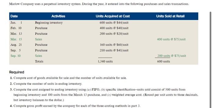 Marlow Company Uses A Perpetual Inventory System During The Year It Entered Into The Following Purchases And Sales Tra 1