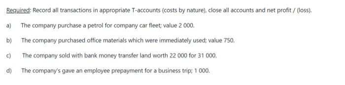Required Record All Transactions In Appropriate T Accounts Costs By Nature Close All Accounts And Net Profit Loss 1