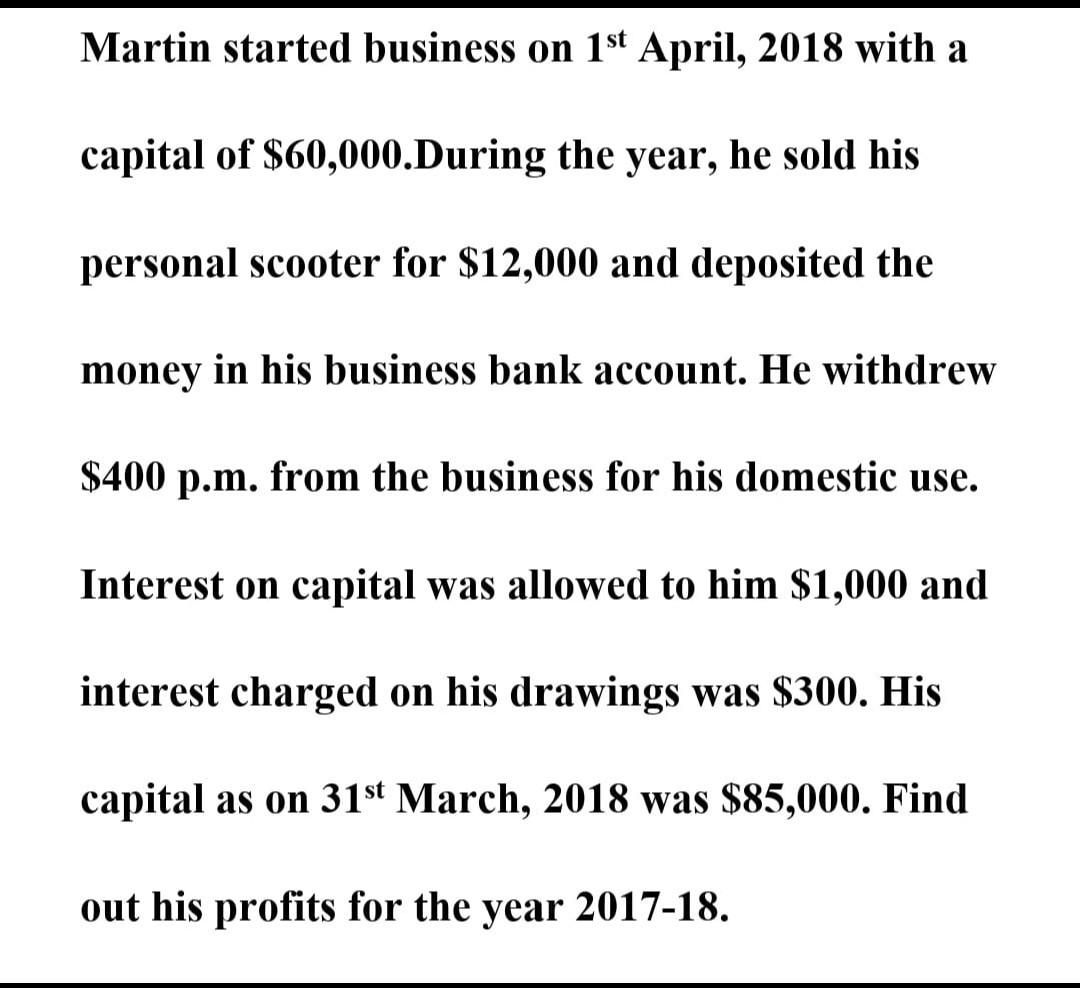 Martin Started Business On 1st April 2018 With A Capital Of 60 000 During The Year He Sold His Personal Scooter For 1
