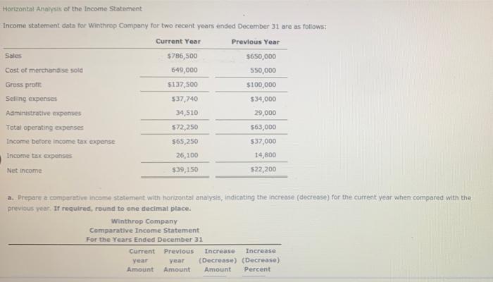 Horizontal Analysis Of The Income Statement Income Statement Data For Winthrop Company For Two Recent Years Ended Decemb 1