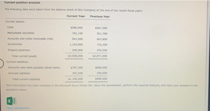 Current Position Analysis The Following Data Were Taken From The Balance Sheet Of Nilo Company At The End Of Two Recent 1