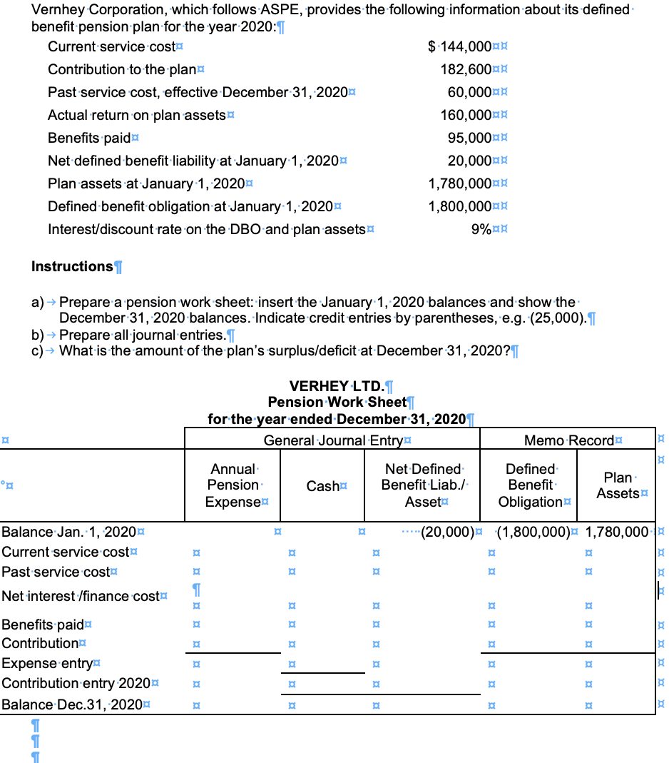 Vernhey Corporation Which Follows Aspe Provides The Following Information About Its Defined Benefit Pension Plan For T 1