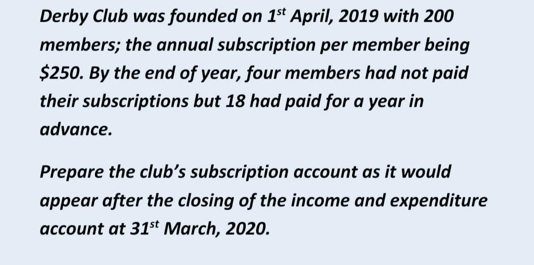 Derby Club Was Founded On 1st April 2019 With 200 Members The Annual Subscription Per Member Being 250 By The End Of 1