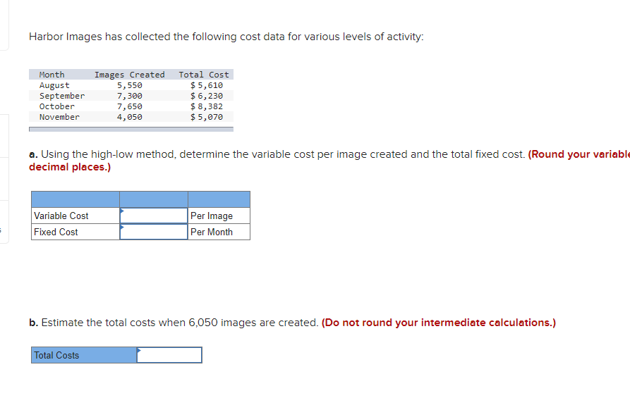 Harbor Images Has Collected The Following Cost Data For Various Levels Of Activity Month August September October Novem 1