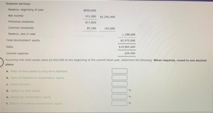 Retained Earnings Balance Beginning Of Your 950 000 Net Income 341 000 1 291 000 Preferred Dividends 17 320 Common D 1