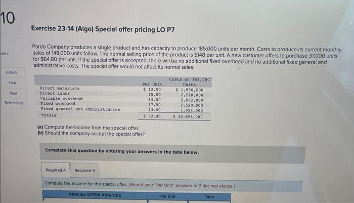 10 Pints Ebook Hint Print References Exercise 23 14 Algo Special Offer Pricing Lo P7 Pardo Company Produces A Single P 1