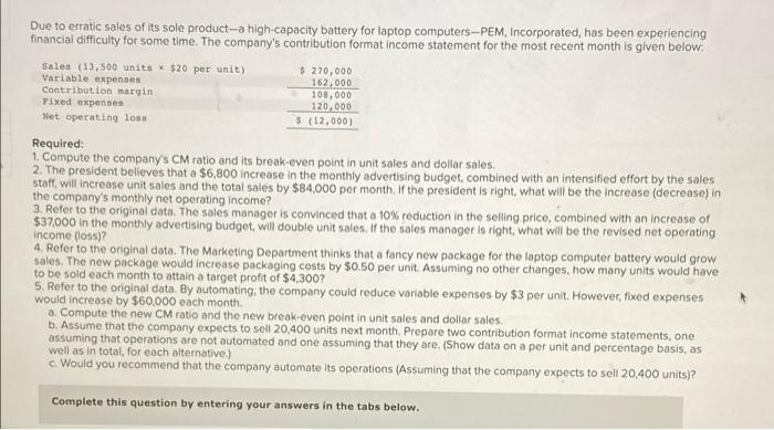 Due To Erratic Sales Of Its Sole Product A High Capacity Battery For Laptop Computers Pem Incorporated Has Been Experi 1