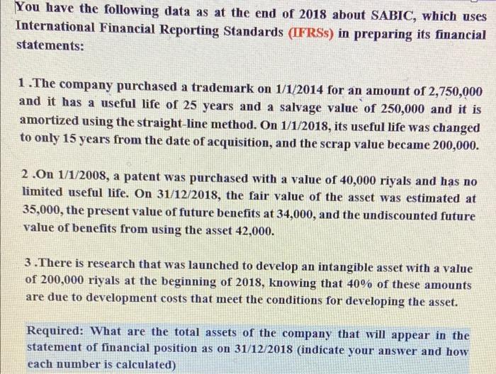 You Have The Following Data As At The End Of 2018 About Sabic Which Uses International Financial Reporting Standards I 1