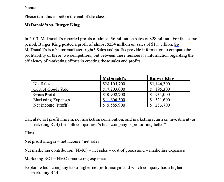 Name Please Turn This In Before The End Of The Class Mcdonald S Vs Burger King In 2013 Mcdonald S Reported Profits O 1