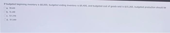 If Budgeted Beginning Inventory Is 8 000 Budgeted Ending Inventory Is 9 400 And Budgeted Cost Of Goods Sold Is 10 2 1