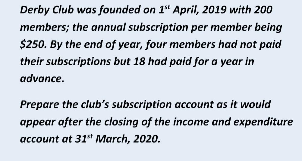 Derby Club Was Founded On 1st April 2019 With 200 Members The Annual Subscription Per Member Being 250 By The End Of 1