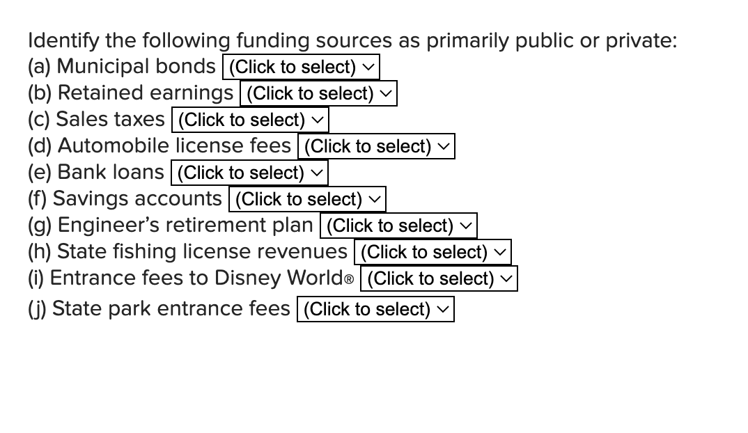 Identify The Following Funding Sources As Primarily Public Or Private A Municipal Bonds Click To Select B Retaine 1